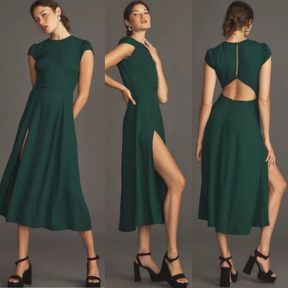 Reformation Gavin Cap Sleeve High Slit Chiffon Midi Dress in Forest Green